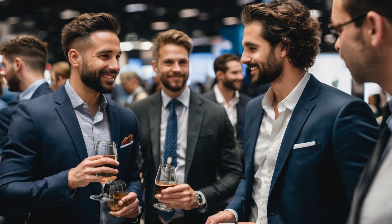 Group of diverse business professionals networking at a bustling conference.