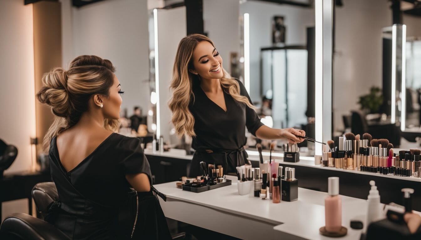A cosmetologist applying makeup to clients in a modern salon.
